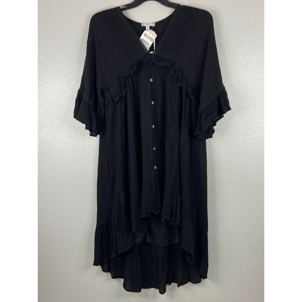 L Love Women Small Ruffled High Low Dress Black Lace Casual Sheer Back